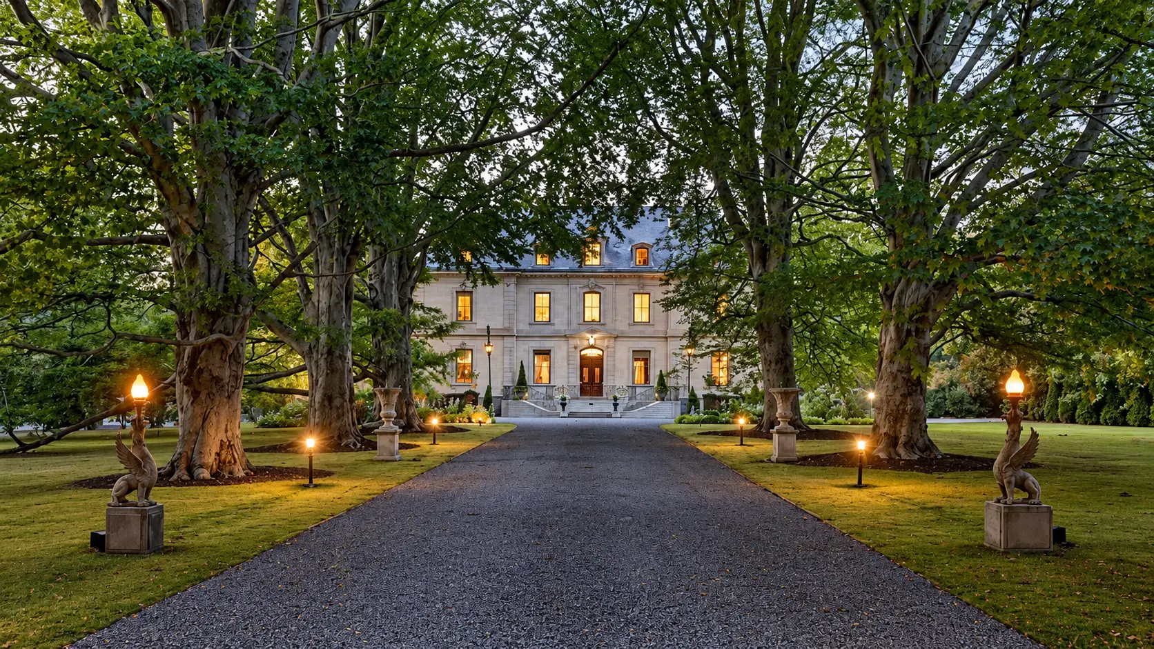 A tree-lined private drive leading to an illuminated country estate at dusk.
